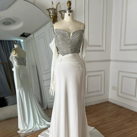 Robe de soirée élégante blanche style arabe, bustier, avec perles en cristal et gants, pour une occasion spéciale, LA72758, 2025 