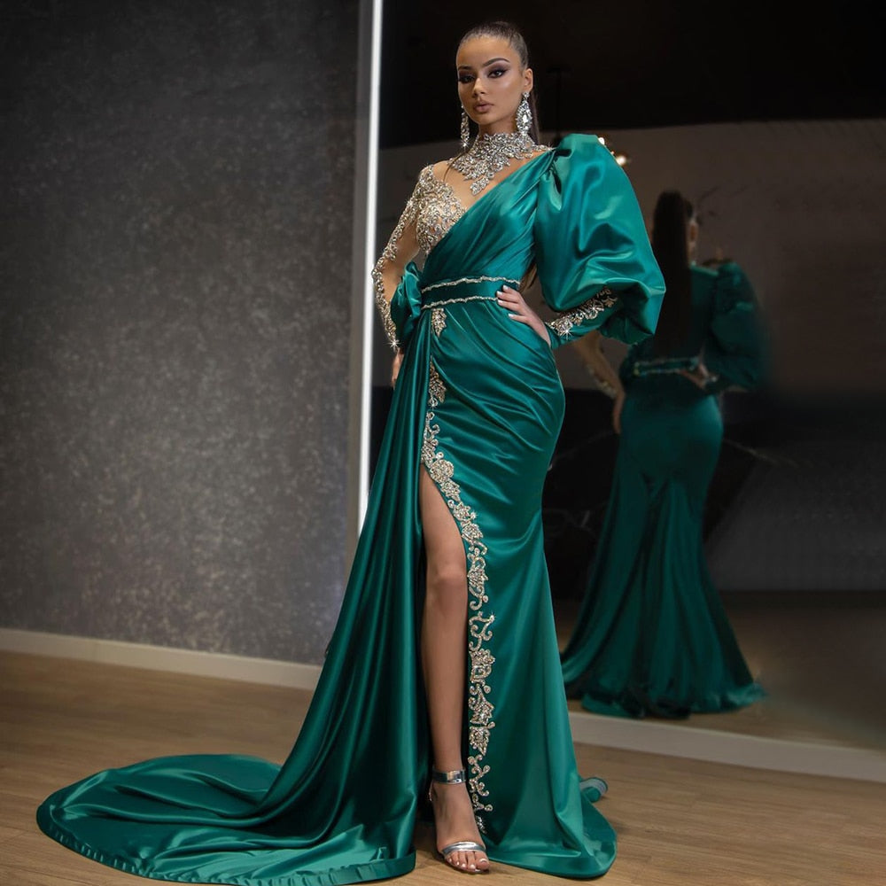 Green High Split Satin Evening Dresses Gowns 2025 Luxury Beaded Overskirt Mermaid  For Women Party LA71510