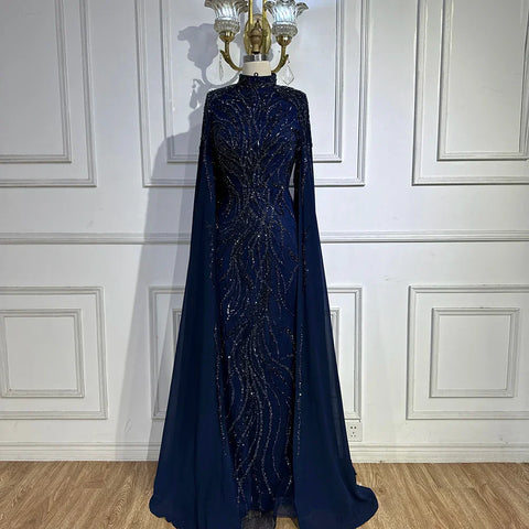 Muslim Sage Green Mermaid Cape Sleeves Beaded Satin Luxury Evening Dresses Gowns for Women Party 2025 LA72413A