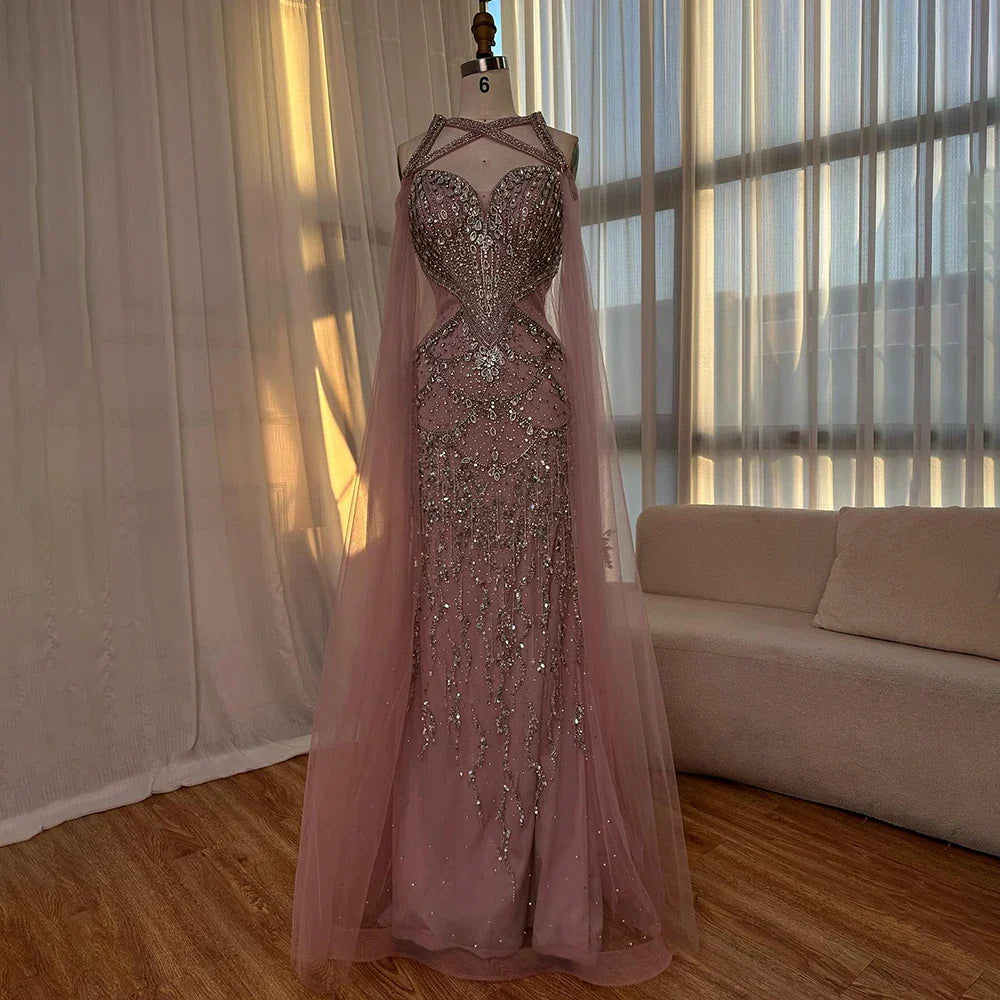 Vestidos de noche árabes con mangas tipo capa color nude y cuentas de cristal para mujer, ideales para bodas y fiestas (LA72806) 