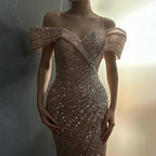 Vestido de noche de lujo rosa sirena con hombros descubiertos, bordado con cuentas y abertura lateral, ideal para ocasiones formales (modelo 2025, Arabia Saudita LA72481) 
