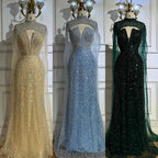 Luxury Evening Dress Nude Pearls Beaded Gown With Tulle Train LA72189A