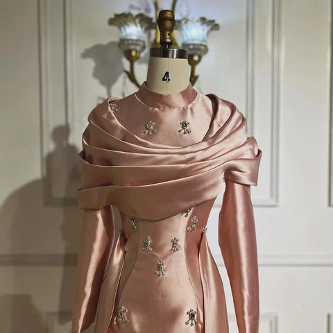 2025 Muslim Blue Mermaid Beaded Satin Luxury Saudi Evening Dress Gown Overlay Skirt for Formal Occasion LA72414M