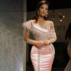 Pink Satin Mermaid Muslim Evening Dresses Gowns 2025 Beaded Elegant Luxury For Women Party LA71530
