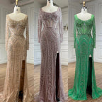 Vestidos de noche de lujo con cuentas para mujer, estilo sirena elegante con abertura, color verde, para bodas en Dubái, Arabia Saudita (LA72518) 