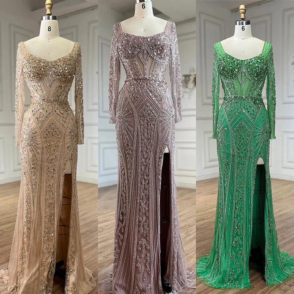 Vestidos de noche de lujo con cuentas para mujer, estilo sirena elegante con abertura, color verde, para bodas en Dubái, Arabia Saudita (LA72518) 