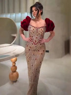 Luxury Beaded Evening Dresses with Elegant Puff Sleeves Pearl Beaded Adorned Design LA72903