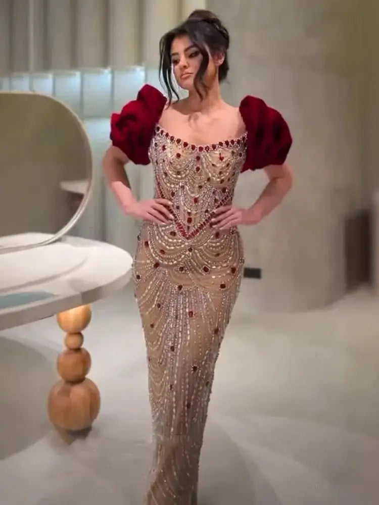 Luxury Beaded Evening Dresses with Elegant Puff Sleeves Pearl Beaded Adorned Design LA72903