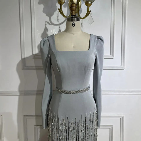 Robe de soirée élégante style sirène grise, longueur cheville, en satin perlé, luxueuse, pour femme, modèle 2025, LA72317 