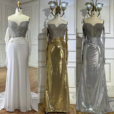 Robe de soirée élégante blanche style arabe, bustier, avec perles en cristal et gants, pour une occasion spéciale, LA72758, 2025 