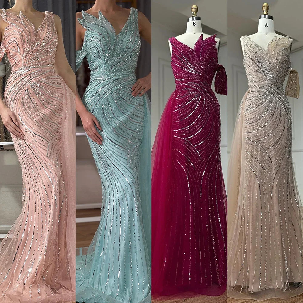 Vestido de noche largo, elegante, de sirena, rosa árabe, con un solo hombro y cuentas, ideal para ocasiones formales (LA72662A) 