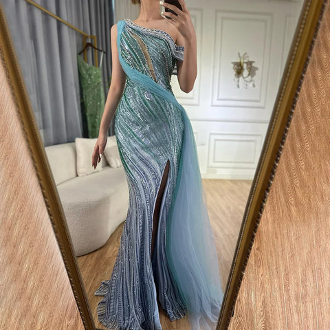 Vestido de noche azul de sirena con un solo hombro y abertura alta, estilo árabe, con cuentas, de lujo, para ocasiones formales (LA72718) 