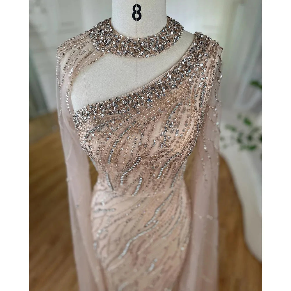 Black Mermaid Elegant Cape Sleeves Beaded Luxury Evening Dresses Gowns For Women Arabic Party 2025 LA72112