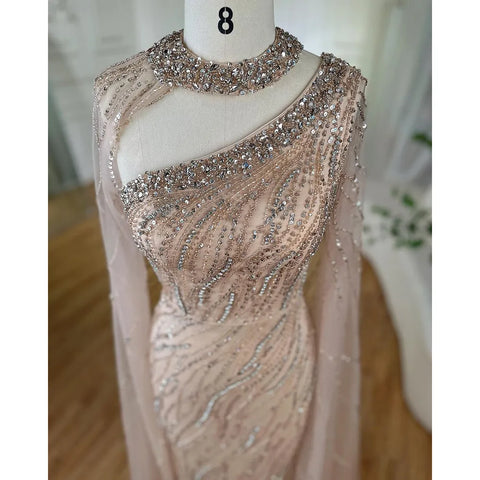 Black Mermaid Elegant Cape Sleeves Beaded Luxury Evening Dresses Gowns For Women Arabic Party 2025 LA72112