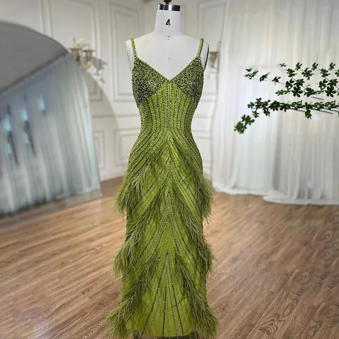 On Sale no return no refund Yellow Green Feathers Mermaid Sundress Evening Gowns Beaded Ankle Length Party Drsses 2025 For Women LA72055