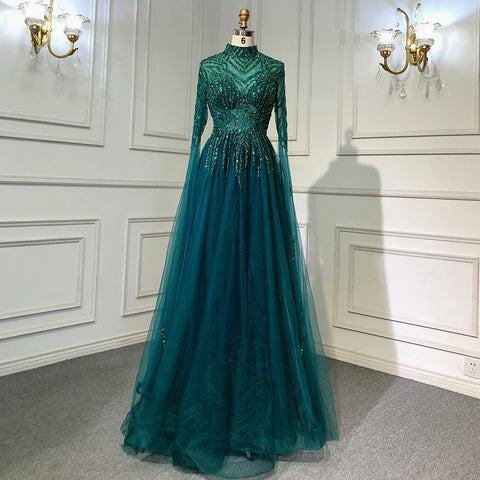 Robe de soirée de luxe à perles style musulman vert, coupe trapèze, en solde, sans retour ni remboursement, 2025, pour femmes, LA71640 