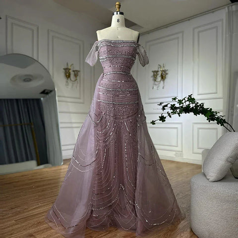 Vestido de noche de sirena rosa árabe con cuentas y sobrefalda de satén desmontable para ocasiones formales LA72781 