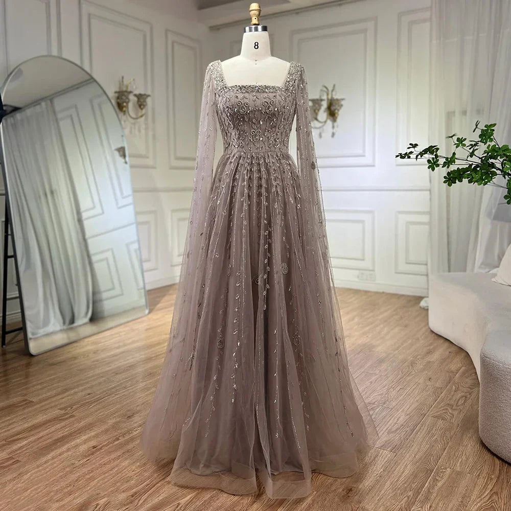 Muslim Caramel Beaded A-Line Luxury Evening Dress Gown with Cape Sleeves LA71803A
