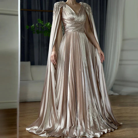 Rose Gold Beaded Satin A-Line Evening Dress Gown with Cape Sleeves LA72663