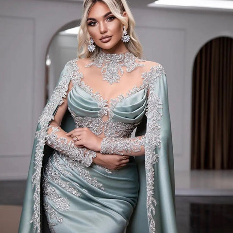 Mint Mermaid Elegant High Collar Beaded Cape Sleeves Luxury Evening Dresses Gowns 2025 For Women Party LA71680