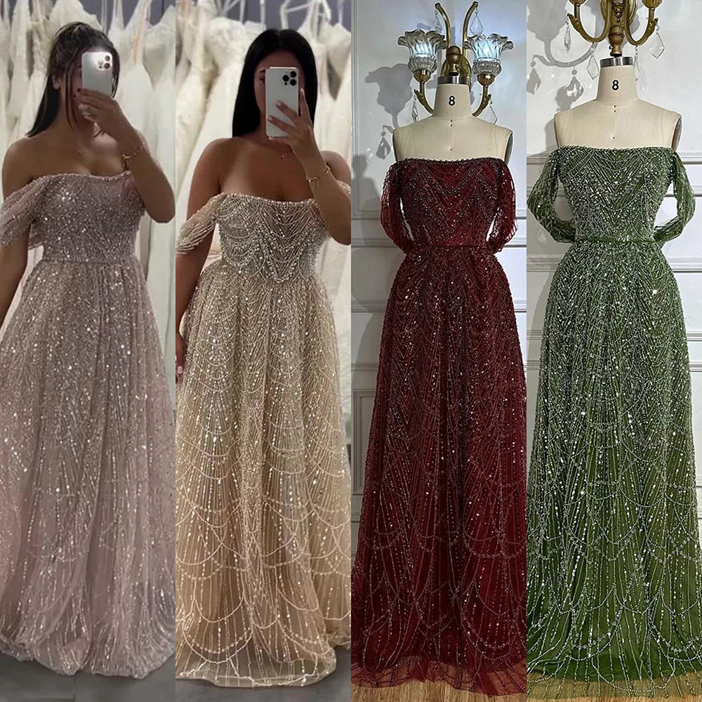 Vestido de noche corte A, color nude, con hombros descubiertos y diseño con perlas para ocasiones formales (LA72738A)