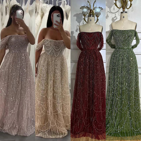 Robe de soirée saoudienne couleur chair, coupe trapèze, épaules dénudées, avec perles, pour une occasion formelle, LA72738A, 2025