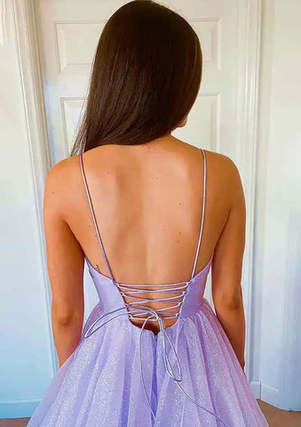 Robe de bal élégante en lilas style arabe 2025, dos nu, bretelles spaghetti, coupe trapèze, pour femme | Mariage LA72676 