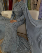 Vestidos de noche de sirena con cuentas, estilo musulmán, color azul Dubai, de lujo, con mangas tipo capa, para fiestas femeninas LA72533 