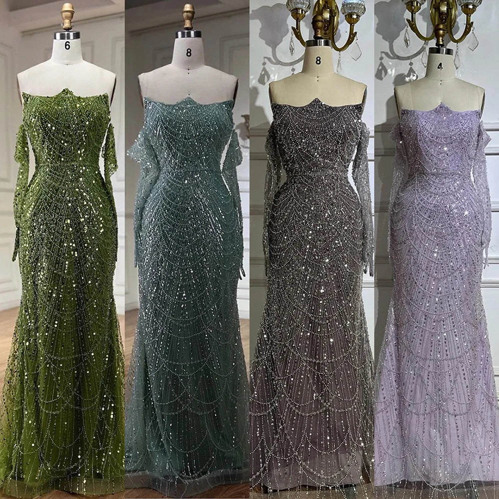 Luxury Pearls Green Mermaid Evening Dress with Gloves LA72352 Plush Size
