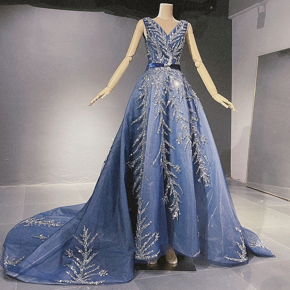 Blue Beaded Bling Evening Dresses Gowns 2025 V-Neck Sexy Luxury A-Line For Women Party LA71508