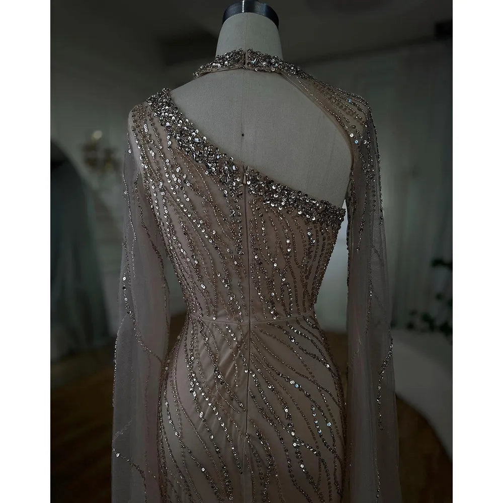 Black Mermaid Elegant Cape Sleeves Beaded Luxury Evening Dresses Gowns For Women Arabic Party 2025 LA72112
