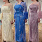 Beaded Feathers A Line Cream Caftan Marocain Femme  Evening Dresses  Arabic  With Jacket   Gown For Party LA71759