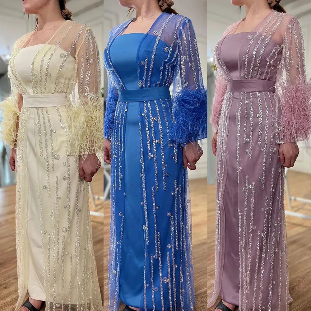 Beaded Feathers A Line Cream Caftan Marocain Femme  Evening Dresses  Arabic  With Jacket   Gown For Party LA71759