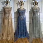 Vestido de noche árabe de lujo Alina con mangas capa azul Dubai 2025, con cuentas y piedras, para mujer, ideal para bodas y fiestas (LA72635) 