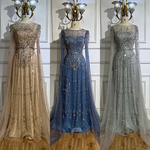 2025 Luxury Dubai Blue Cape Sleeves Alina Beaded Stone Arabic Evening Gowns for Women Wedding Party LA72635