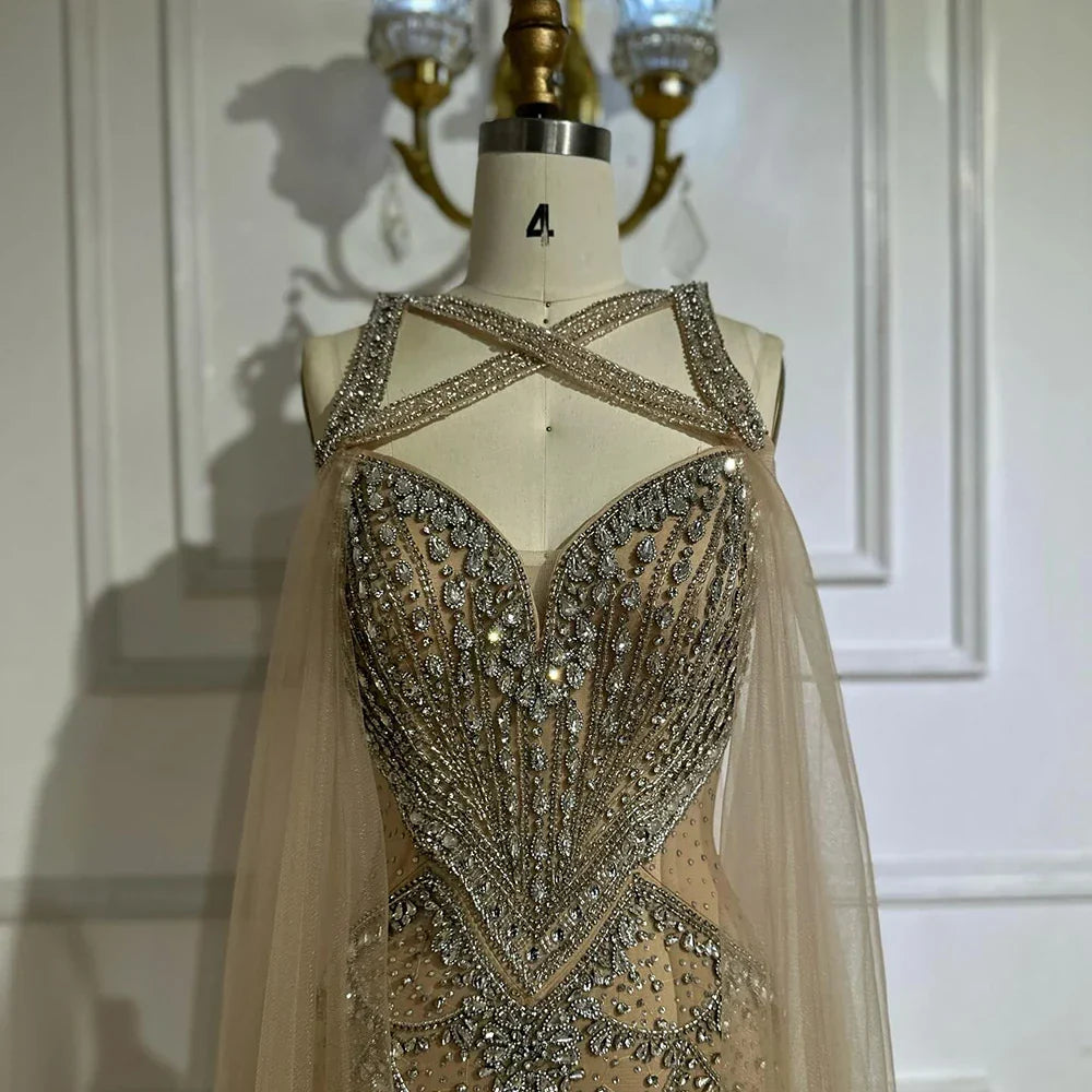 Vestidos de noche árabes con mangas tipo capa color nude y cuentas de cristal para mujer, ideales para bodas y fiestas (LA72806) 