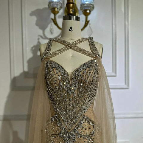Robe de soirée arabe couleur chair, manches cape, perles et cristaux, pour femme, tenue de mariage, LA72806, 2025 