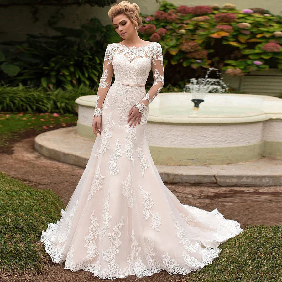 Robe De mariée sirène élégante, manches longues, avec des Appliques, dos à lacets, Sexy, dos nu