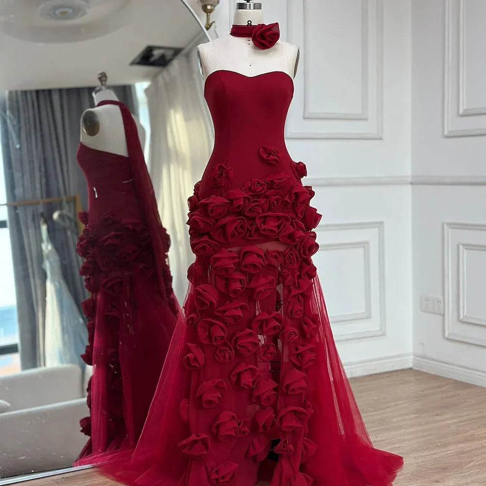 Elegant Evening Dress for Girls Arabic Pink 3D Flowers Elegant Srapless Dress Side Split Prom Party Gowns LA72568