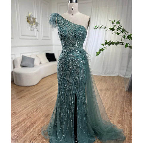 Vestido de noche de sirena turquesa, sexy, con abertura alta y falda con plumas y cuentas, para mujer, 2025, para fiesta, LA71955 