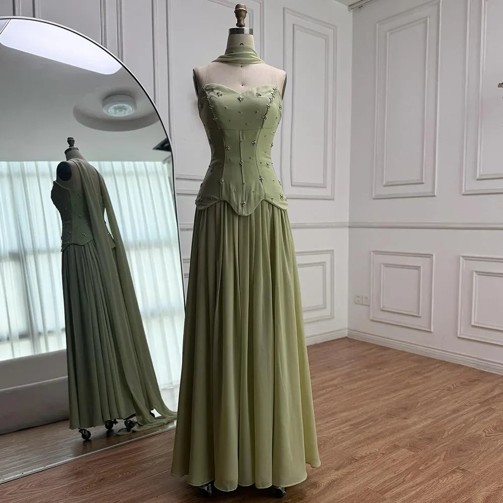 Classy Sage Green   A-Line Chiffon Evening Dress LA73073