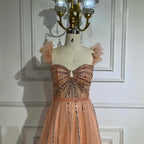 Arabic Elegant Peach Beaded A-Line Evening Gown 2025 Boat Neck Luxury Dress for Women Long Party Dress LA72324