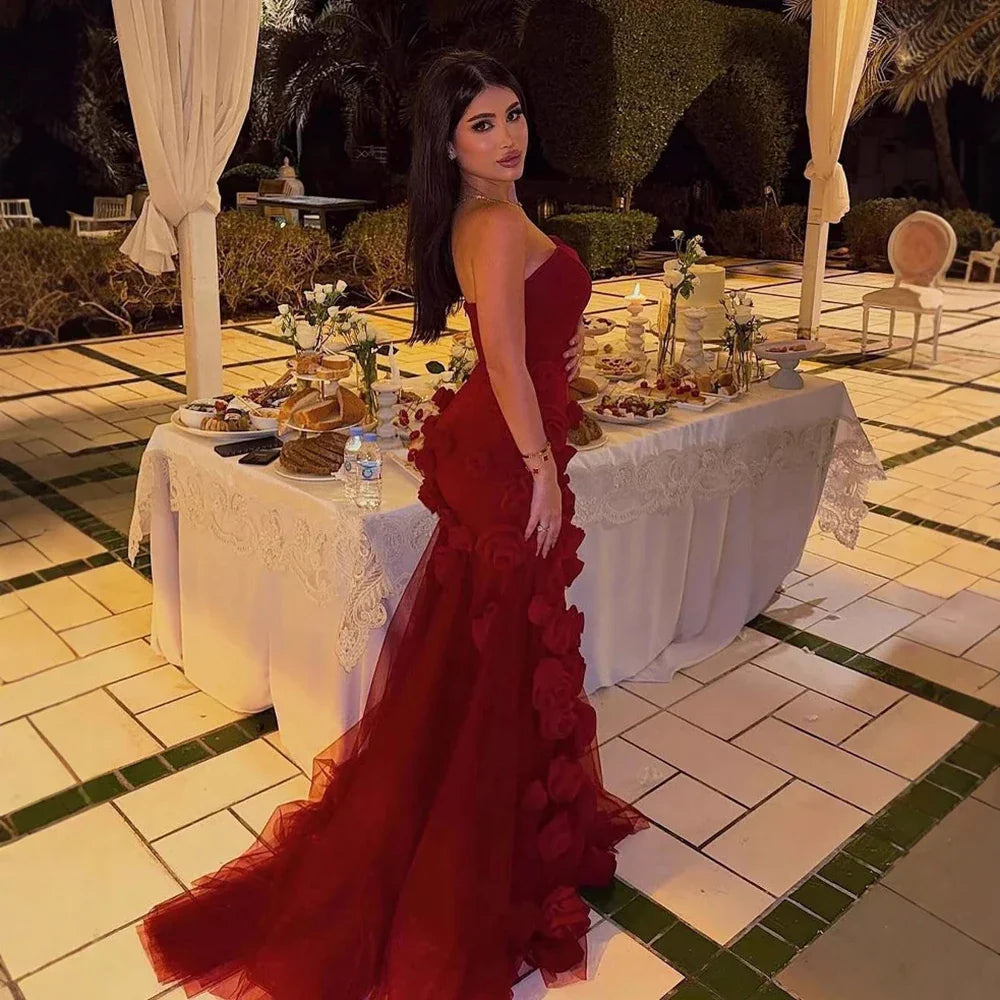 Elegant Evening Dress for Girls Arabic Pink 3D Flowers Elegant Srapless Dress Side Split Prom Party Gowns LA72568
