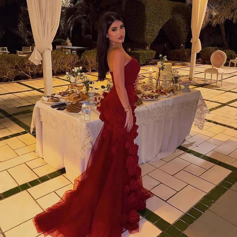 Elegante vestido de noche para niñas, estilo árabe, rosa, con flores 3D. Vestido elegante sin tirantes con abertura lateral. Ideal para fiestas de graduación. LA72568