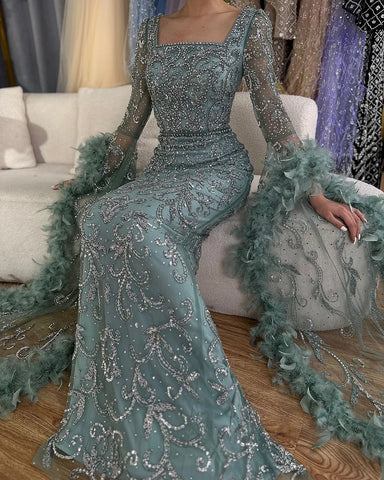 Flared Sleeves Mermaid Turquoise Beaded Feather Luxury Evening Dresses Gowns for Formal Occasion 2025 LA72767
