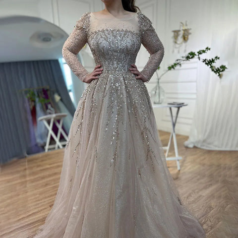 Dusty Pink Long Sleeves Dubai Luxury Evening Dresses  Gowns For Party LA71915