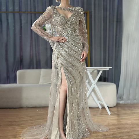 Vestido de noche elegante de sirena color plata nude con abertura alta y cuentas de lujo 2025 para mujer, fiesta LA70752L 