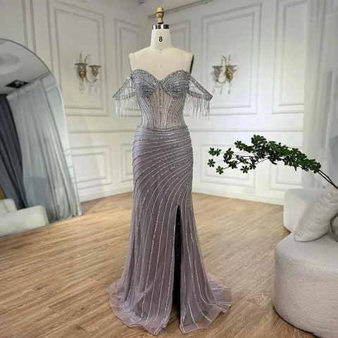 Vestido de noche elegante con borlas y cuentas, corte sirena, escote barco color nude plateado, para mujer, fiesta de boda 2025 LA72391 