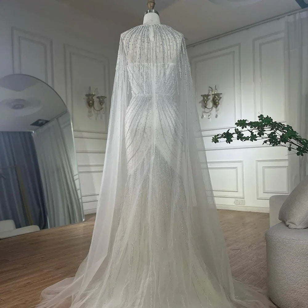 Robe de soirée arabe bleue à bretelles spaghetti et perles avec cape amovible pour une occasion formelle 2025 LA72784 