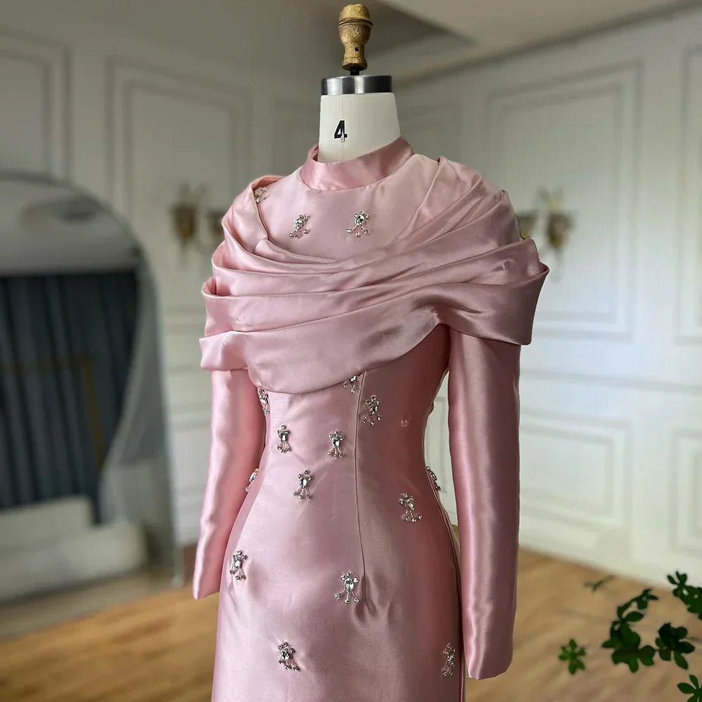 Vestido de noche de lujo saudí de satén azul con cuentas, estilo sirena, para ocasiones formales (modelo LA72414M) 